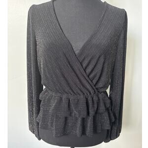 ModCloth Layered in Luminosity Black Metallic V Neck Peplum Stretch Top Sz S NWT